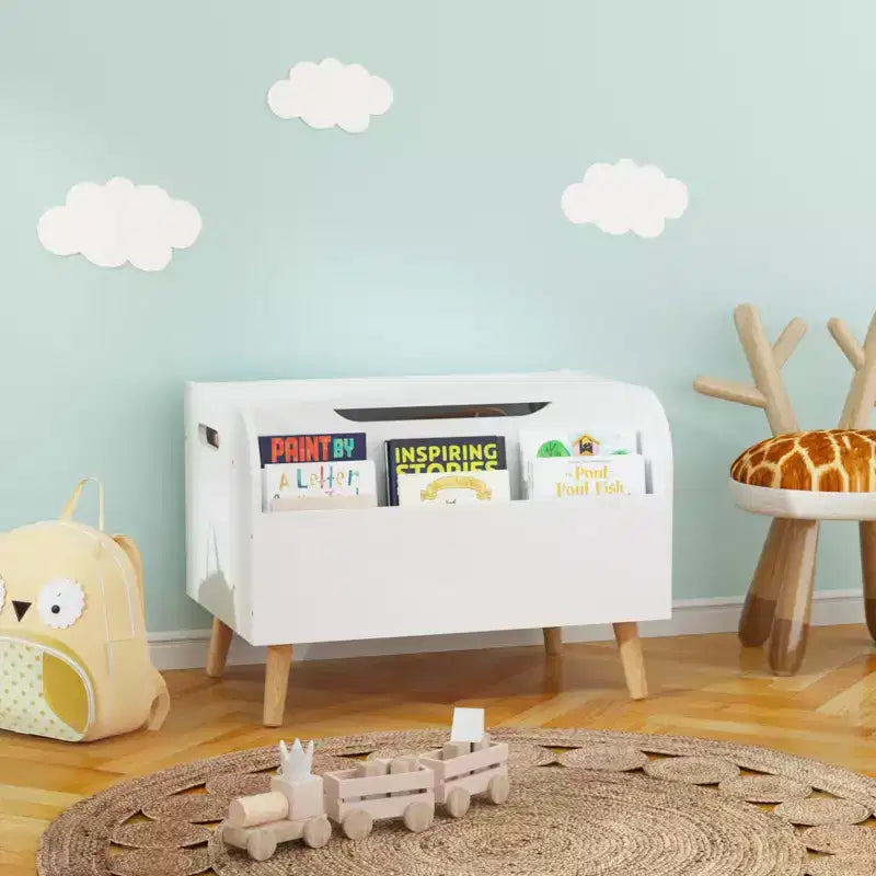 Wooden Toy Box, Kids Toy Storage Organizer with Front Bookshelf, Flip-Top Lid, Safety Hinge, Boys Girls Toy Chest Bench for Playroom Kids Room
