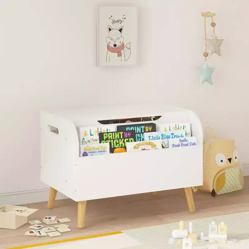Wooden Toy Box, Kids Toy Storage Organizer with Front Bookshelf, Flip-Top Lid, Safety Hinge, Boys Girls Toy Chest Bench for Playroom Kids Room