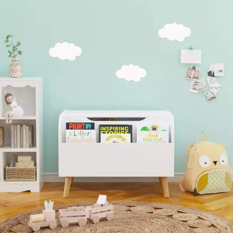 Wooden Toy Box, Kids Toy Storage Organizer with Front Bookshelf, Flip-Top Lid, Safety Hinge, Boys Girls Toy Chest Bench for Playroom Kids Room