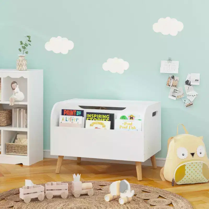 Wooden Toy Box, Kids Toy Storage Organizer with Front Bookshelf, Flip-Top Lid, Safety Hinge, Boys Girls Toy Chest Bench for Playroom Kids Room
