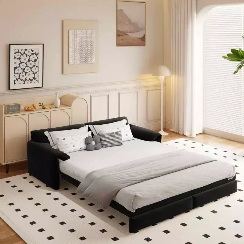 66 Queen Pull Out Sofa Bed 3-in-1 Convertible Sleeper Sofa with Side Storage foe Living Room Black