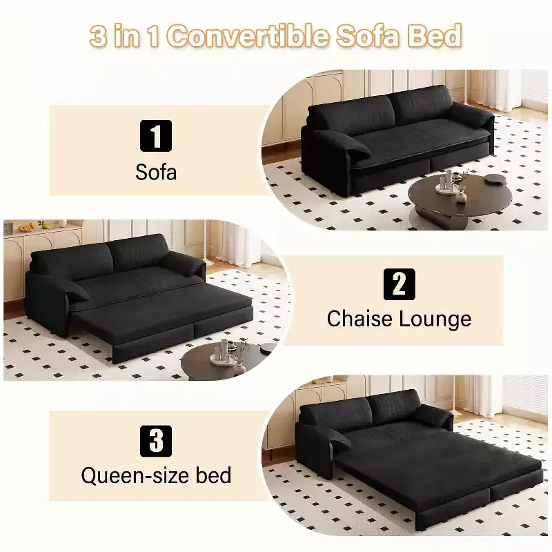 66 Queen Pull Out Sofa Bed 3-in-1 Convertible Sleeper Sofa with Side Storage foe Living Room Black