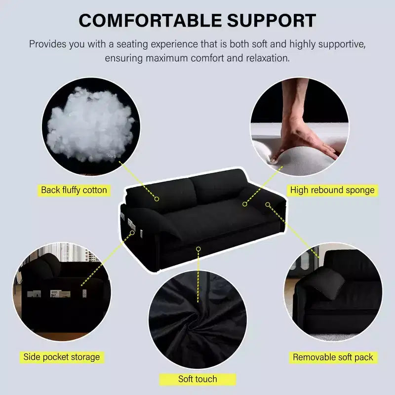 66 Queen Pull Out Sofa Bed 3-in-1 Convertible Sleeper Sofa with Side Storage foe Living Room Black