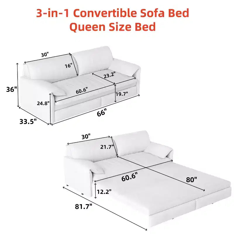 66 Queen Pull Out Sofa Bed 3-in-1 Convertible Sleeper Sofa with Side Storage foe Living Room Black