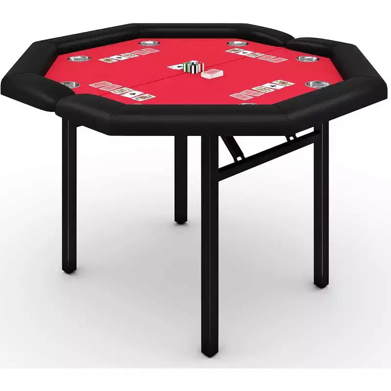 48 Octagon Poker Table, 8-Player Folding Game Table with Cup Holders, Padded Armrests, Red Top