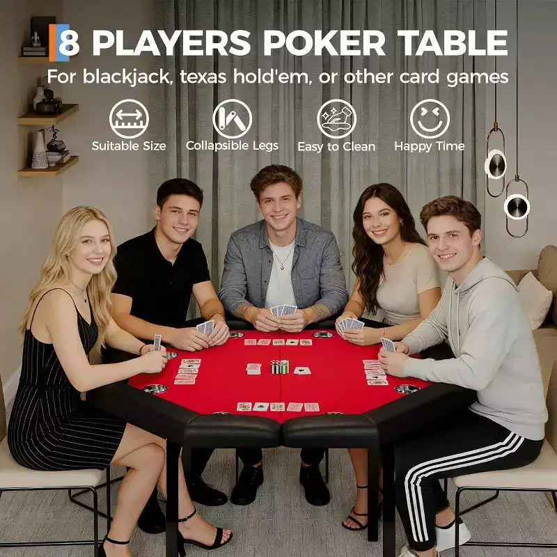 48 Octagon Poker Table, 8-Player Folding Game Table with Cup Holders, Padded Armrests, Red Top