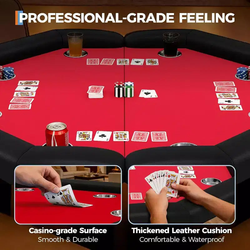 48 Octagon Poker Table, 8-Player Folding Game Table with Cup Holders, Padded Armrests, Red Top
