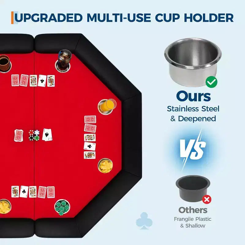 48 Octagon Poker Table, 8-Player Folding Game Table with Cup Holders, Padded Armrests, Red Top