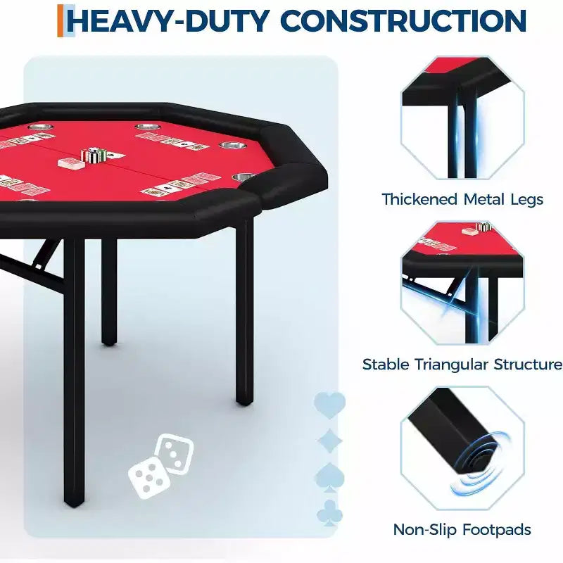 48 Octagon Poker Table, 8-Player Folding Game Table with Cup Holders, Padded Armrests, Red Top