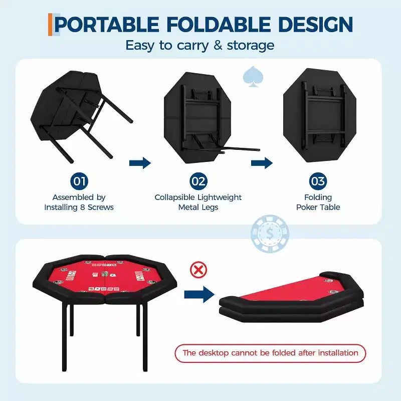 48 Octagon Poker Table, 8-Player Folding Game Table with Cup Holders, Padded Armrests, Red Top