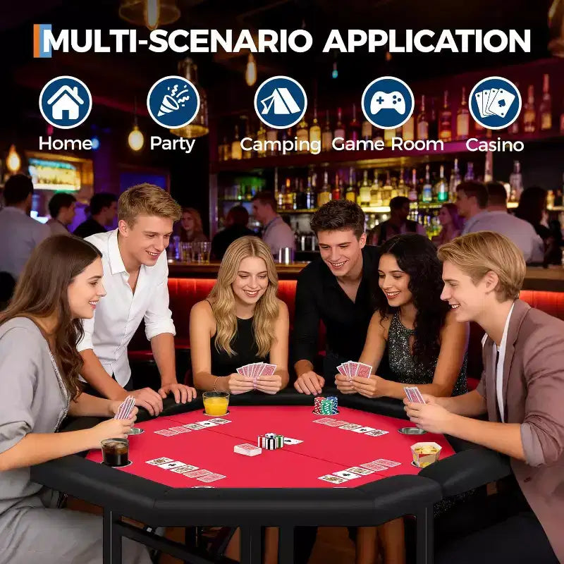 48 Octagon Poker Table, 8-Player Folding Game Table with Cup Holders, Padded Armrests, Red Top
