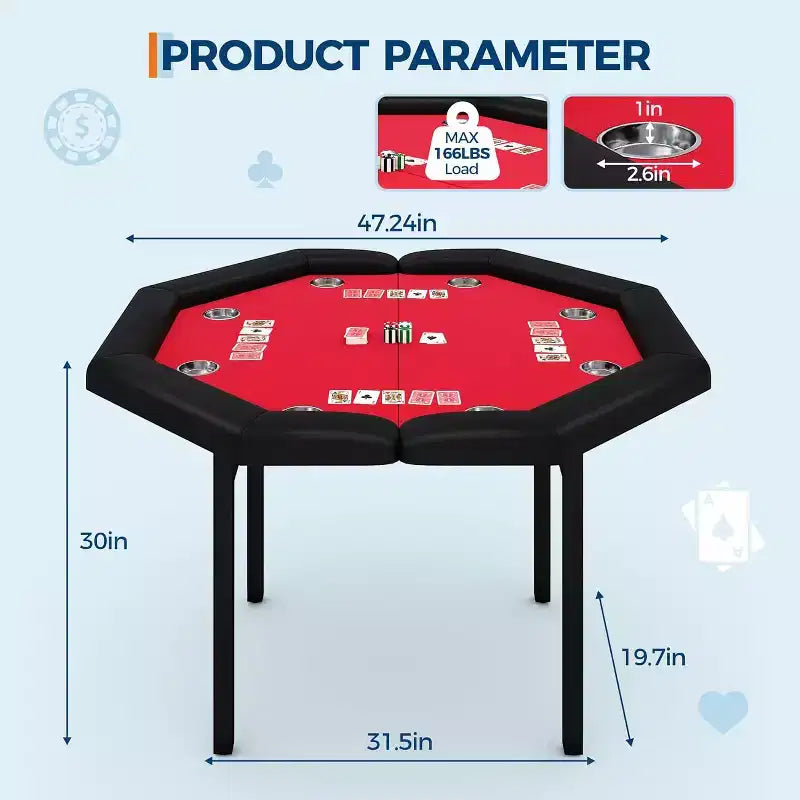 48 Octagon Poker Table, 8-Player Folding Game Table with Cup Holders, Padded Armrests, Red Top
