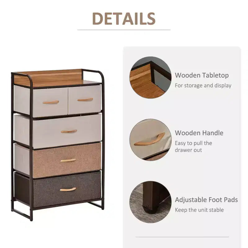 5-Drawer Fabric Dresser Tower, 4-Tier Storage Organizer with Steel Frame for Hallway, Bedroom, and Closet
