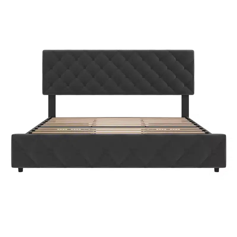 King Size Grey Upholstered Platform Bed Frame C 4 Storage Drawers, Adjustable Tufted Headboard, Wooden Slat Support, No Box Spring Needed