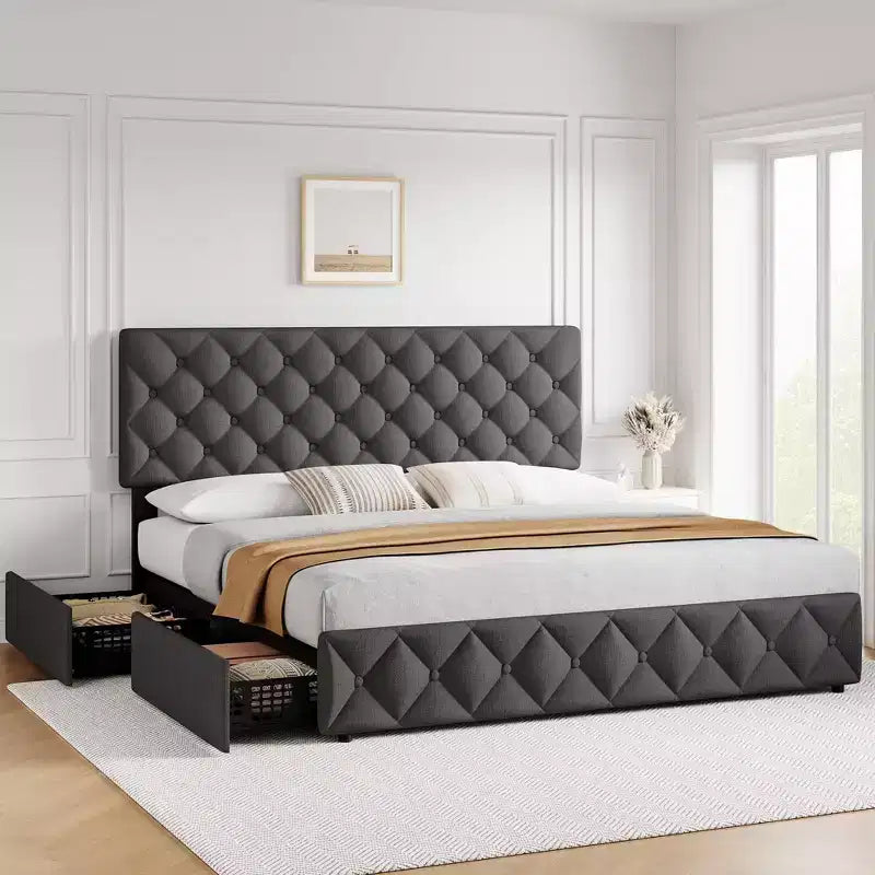 King Size Grey Upholstered Platform Bed Frame C 4 Storage Drawers, Adjustable Tufted Headboard, Wooden Slat Support, No Box Spring Needed