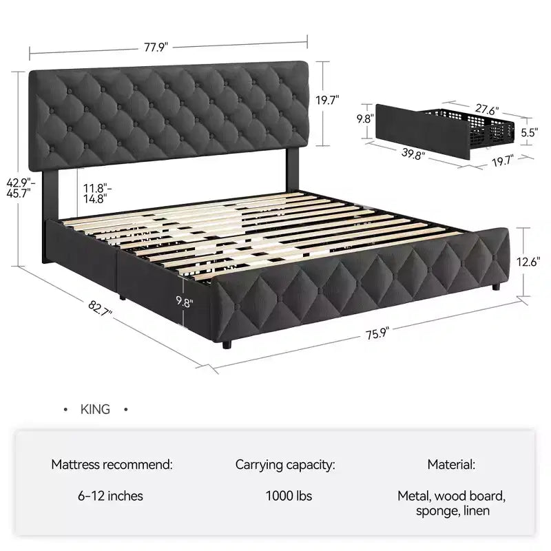 King Size Grey Upholstered Platform Bed Frame C 4 Storage Drawers, Adjustable Tufted Headboard, Wooden Slat Support, No Box Spring Needed