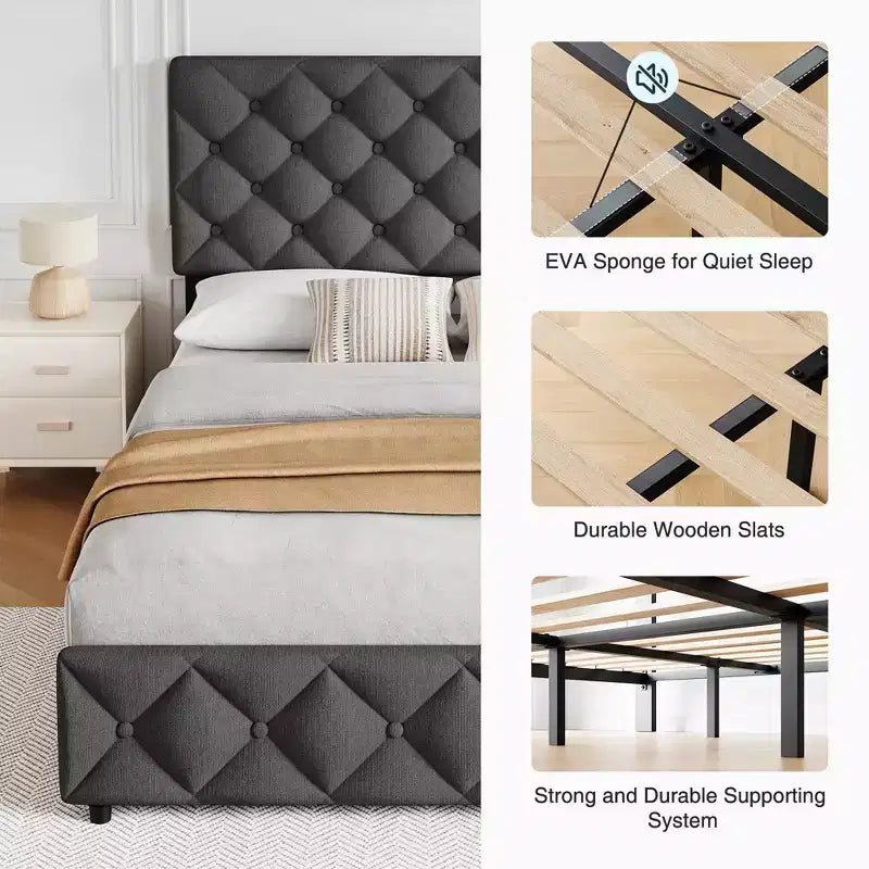 King Size Grey Upholstered Platform Bed Frame C 4 Storage Drawers, Adjustable Tufted Headboard, Wooden Slat Support, No Box Spring Needed