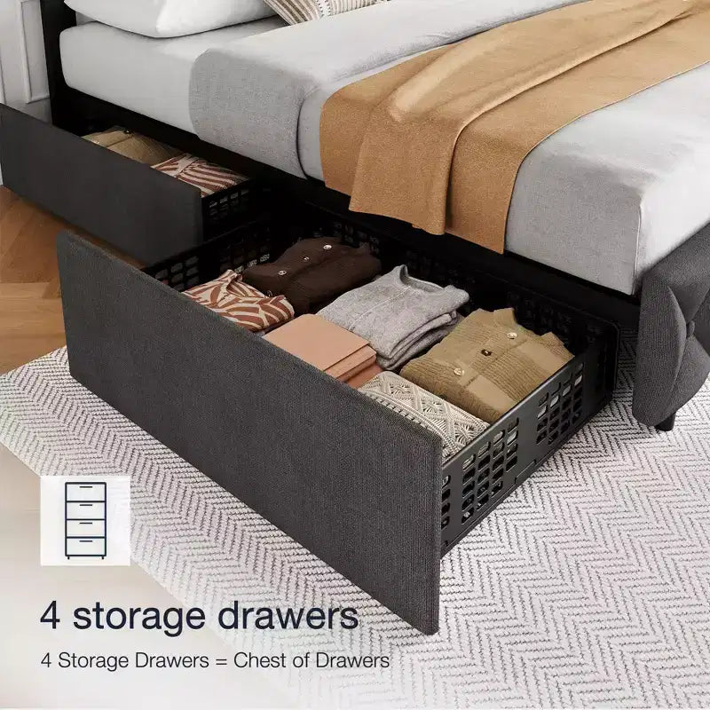 King Size Grey Upholstered Platform Bed Frame C 4 Storage Drawers, Adjustable Tufted Headboard, Wooden Slat Support, No Box Spring Needed
