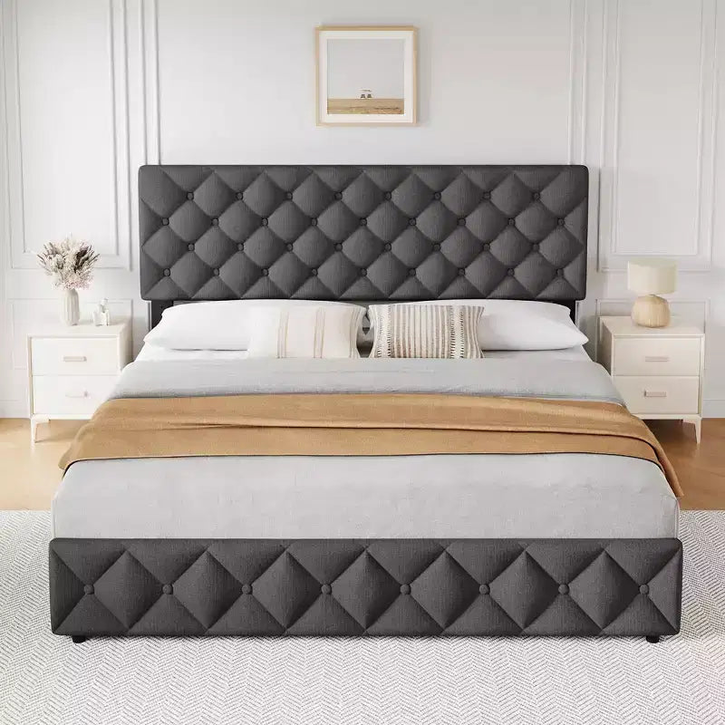 King Size Grey Upholstered Platform Bed Frame C 4 Storage Drawers, Adjustable Tufted Headboard, Wooden Slat Support, No Box Spring Needed