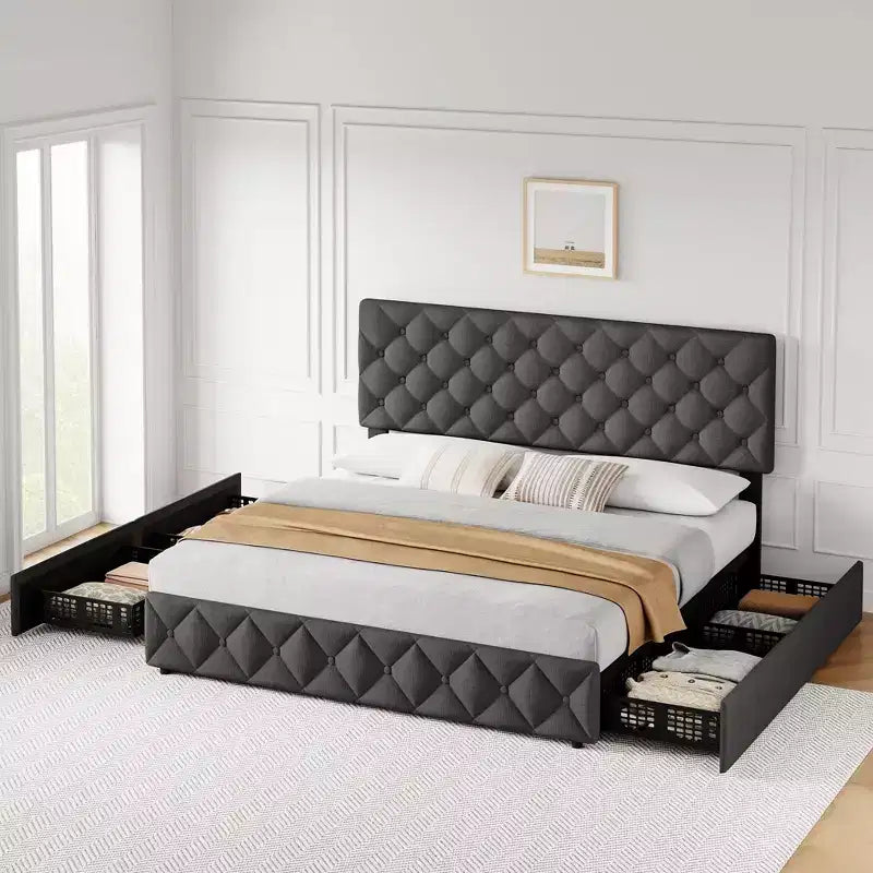 King Size Grey Upholstered Platform Bed Frame C 4 Storage Drawers, Adjustable Tufted Headboard, Wooden Slat Support, No Box Spring Needed