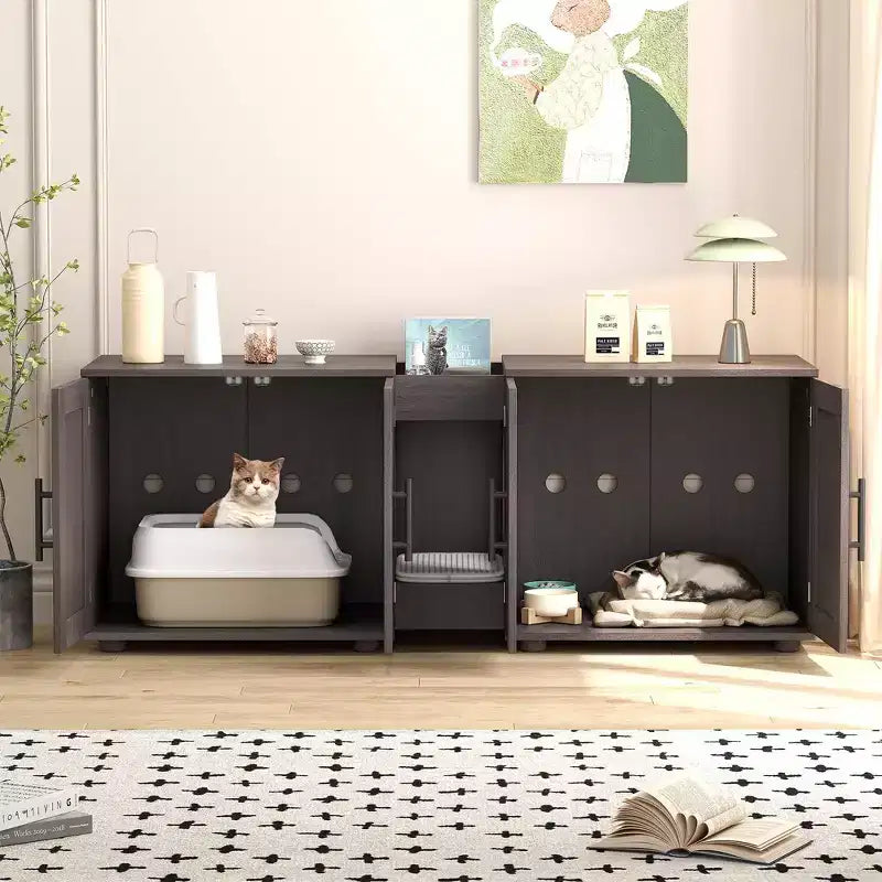 55Double Litter Box Enclosure for 2 Cats, TV Stand,Waterproof Easy-Clean Surface,Cabinet Buckles & Storage Grooves,Suitable for living room
