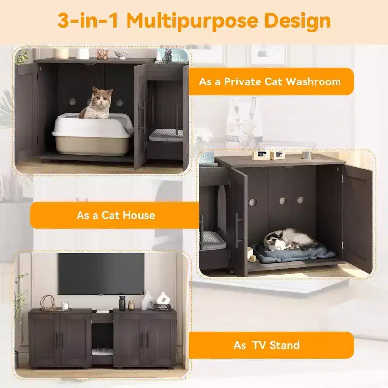 55Double Litter Box Enclosure for 2 Cats, TV Stand,Waterproof Easy-Clean Surface,Cabinet Buckles & Storage Grooves,Suitable for living room