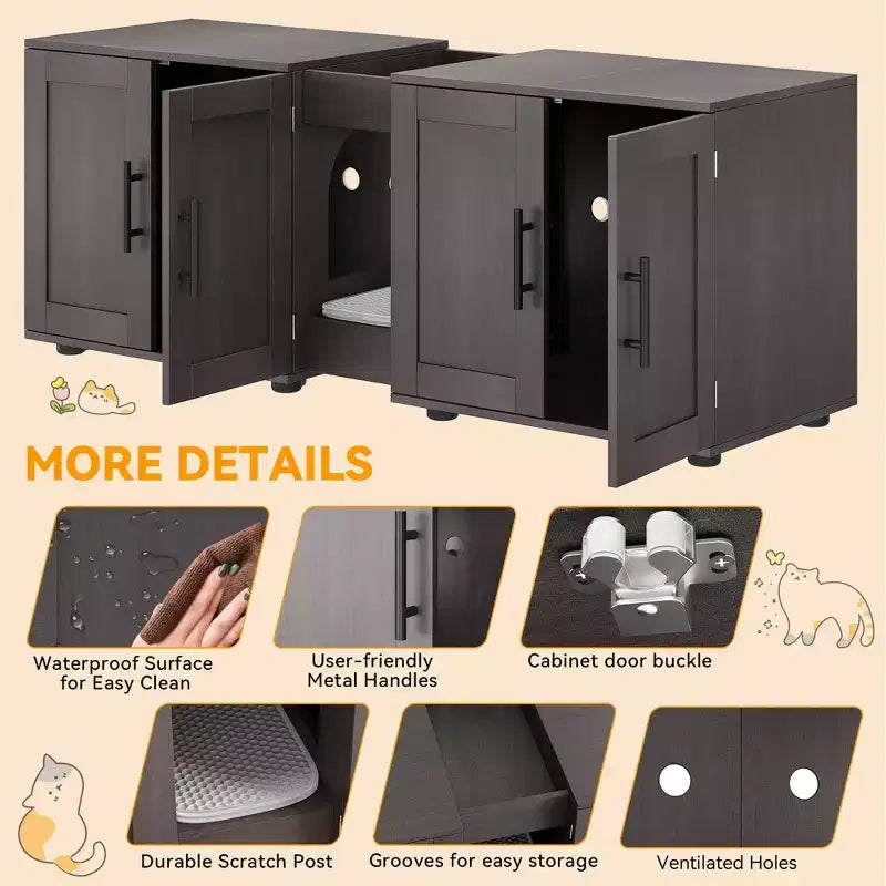 55Double Litter Box Enclosure for 2 Cats, TV Stand,Waterproof Easy-Clean Surface,Cabinet Buckles & Storage Grooves,Suitable for living room