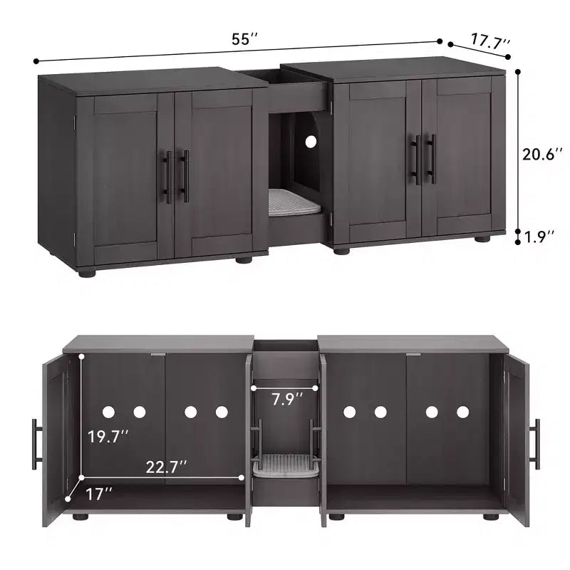 55Double Litter Box Enclosure for 2 Cats, TV Stand,Waterproof Easy-Clean Surface,Cabinet Buckles & Storage Grooves,Suitable for living room