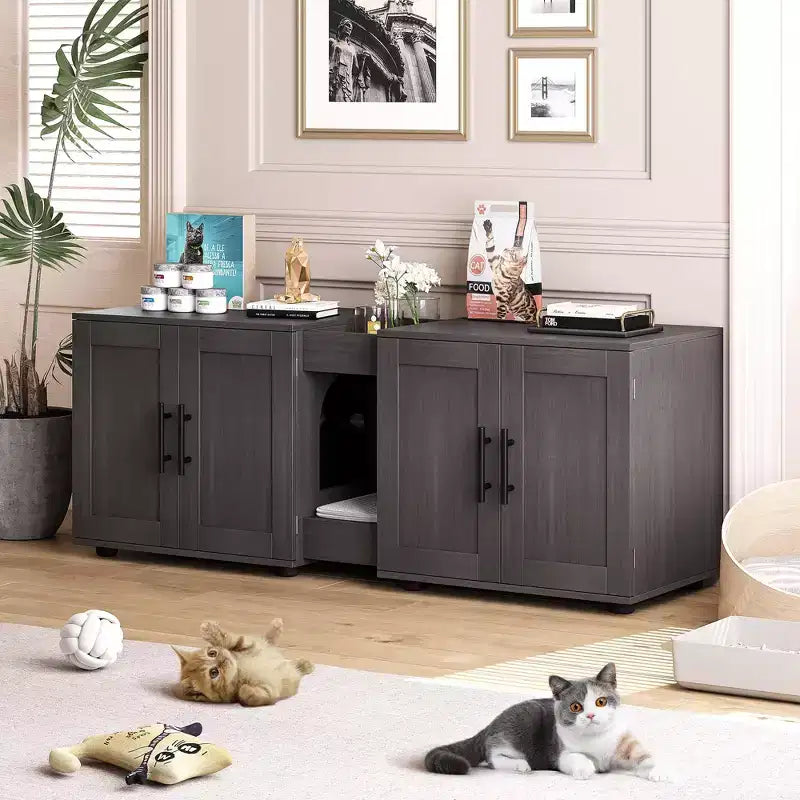 55Double Litter Box Enclosure for 2 Cats, TV Stand,Waterproof Easy-Clean Surface,Cabinet Buckles & Storage Grooves,Suitable for living room