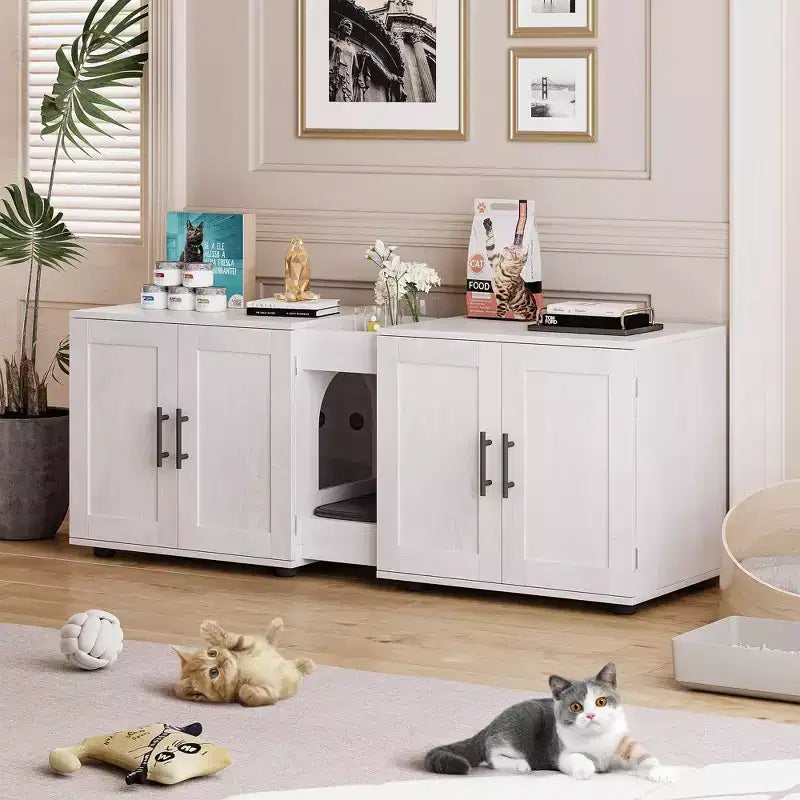 55Double Litter Box Enclosure for 2 Cats, TV Stand,Waterproof Easy-Clean Surface,Cabinet Buckles & Storage Grooves,Suitable for living room