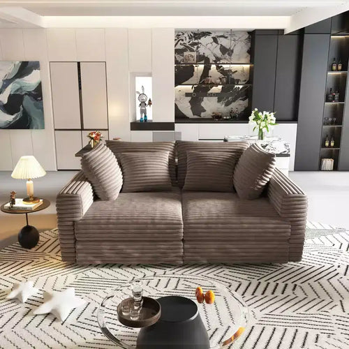 MAYEERTY 102.4 Plush Corduroy 4 Seat Sofa with Soft Pillows, Convertible Deep Seat Sofa Lunge Chair for Living Room Beige