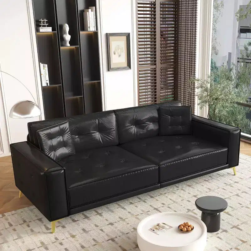 92.1 King Size Pull Out Sofa Bed,3-in-1 Faux Leather Convertible Sleeper Sofa with Ultra Wide Armrests 2 Pillows Black