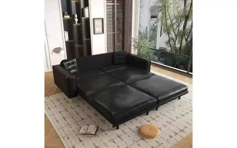 92.1 King Size Pull Out Sofa Bed,3-in-1 Faux Leather Convertible Sleeper Sofa with Ultra Wide Armrests 2 Pillows Black