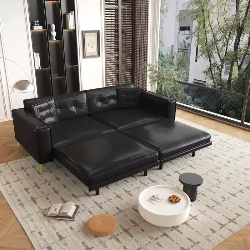 92.1 King Size Pull Out Sofa Bed,3-in-1 Faux Leather Convertible Sleeper Sofa with Ultra Wide Armrests 2 Pillows Black