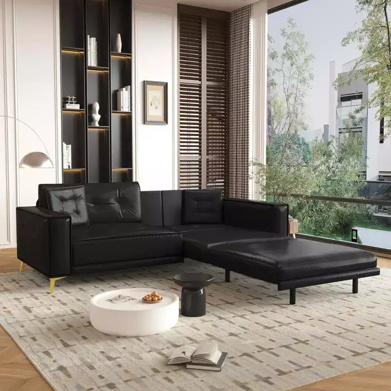 92.1 King Size Pull Out Sofa Bed,3-in-1 Faux Leather Convertible Sleeper Sofa with Ultra Wide Armrests 2 Pillows Black