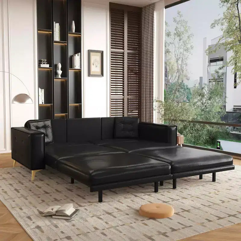 92.1 King Size Pull Out Sofa Bed,3-in-1 Faux Leather Convertible Sleeper Sofa with Ultra Wide Armrests 2 Pillows Black