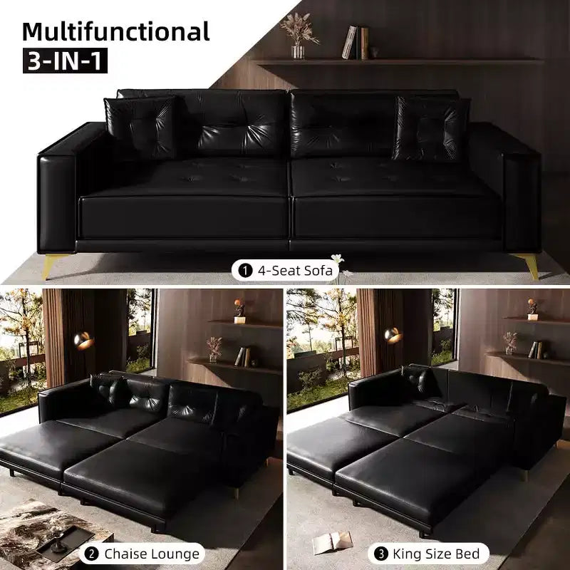 92.1 King Size Pull Out Sofa Bed,3-in-1 Faux Leather Convertible Sleeper Sofa with Ultra Wide Armrests 2 Pillows Black