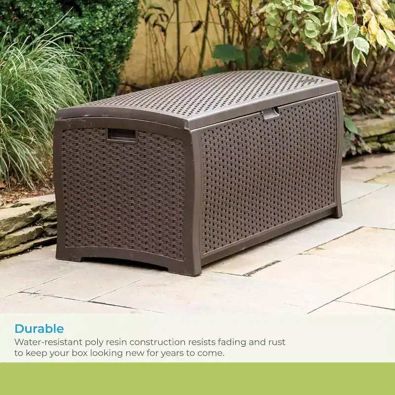 99 Gallon Wicker Outdoor Deck Box, Horizontal Water Resistant Storage with Hinged Lid for Patio Deck Yard Garage