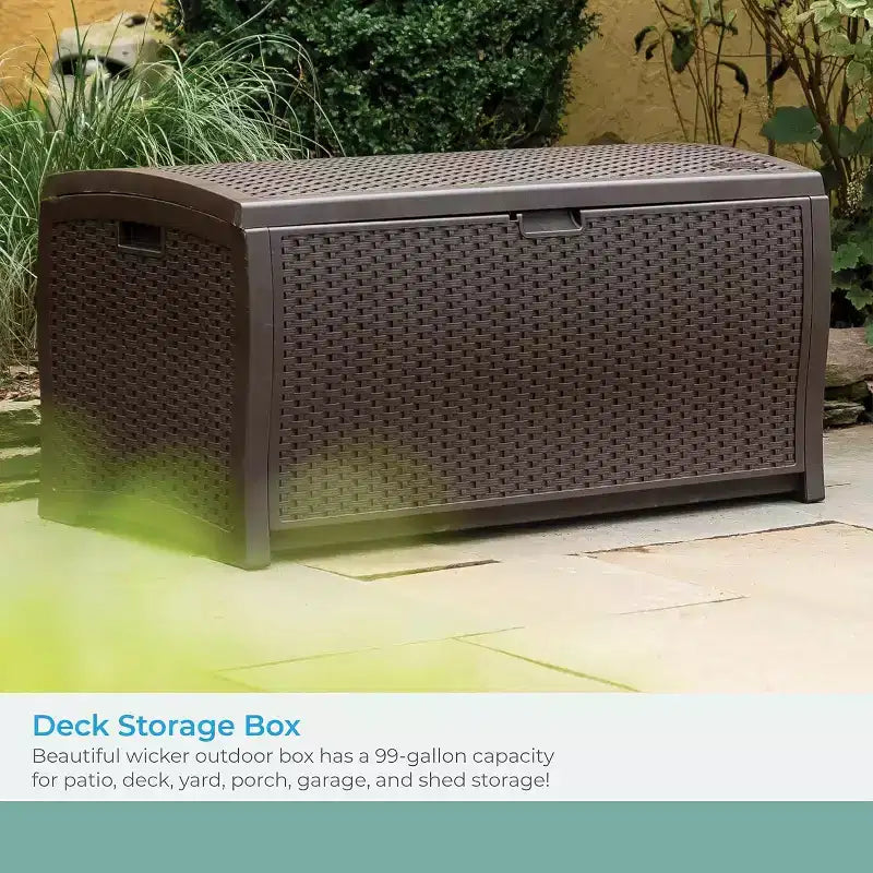 99 Gallon Wicker Outdoor Deck Box, Horizontal Water Resistant Storage with Hinged Lid for Patio Deck Yard Garage