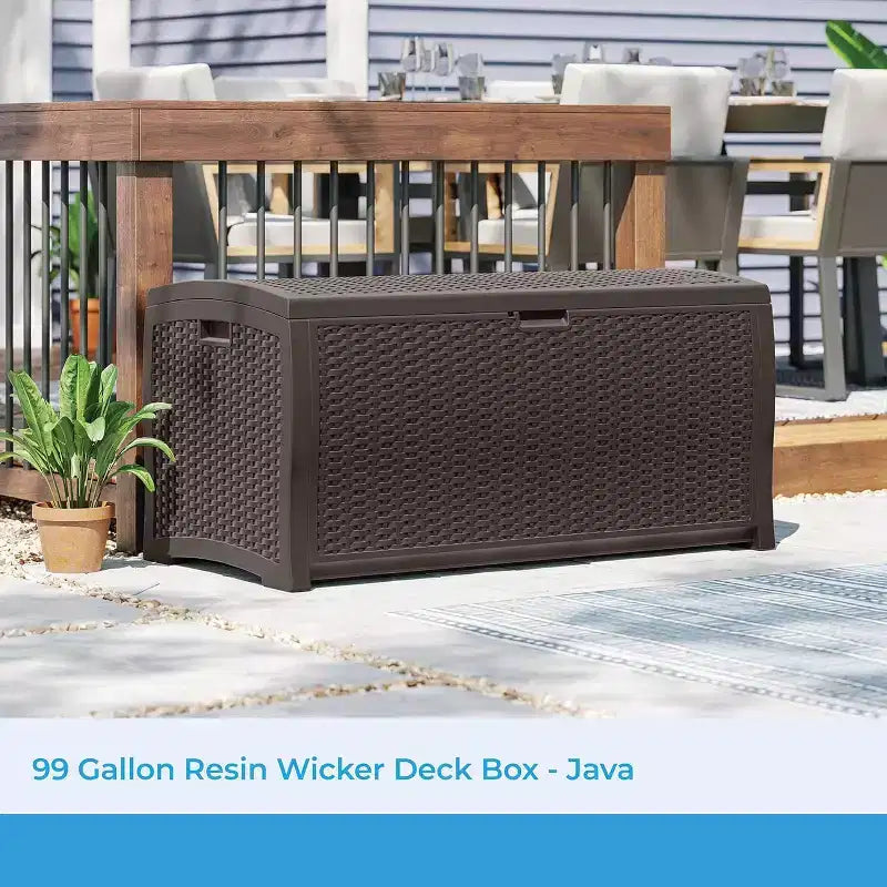 99 Gallon Wicker Outdoor Deck Box, Horizontal Water Resistant Storage with Hinged Lid for Patio Deck Yard Garage