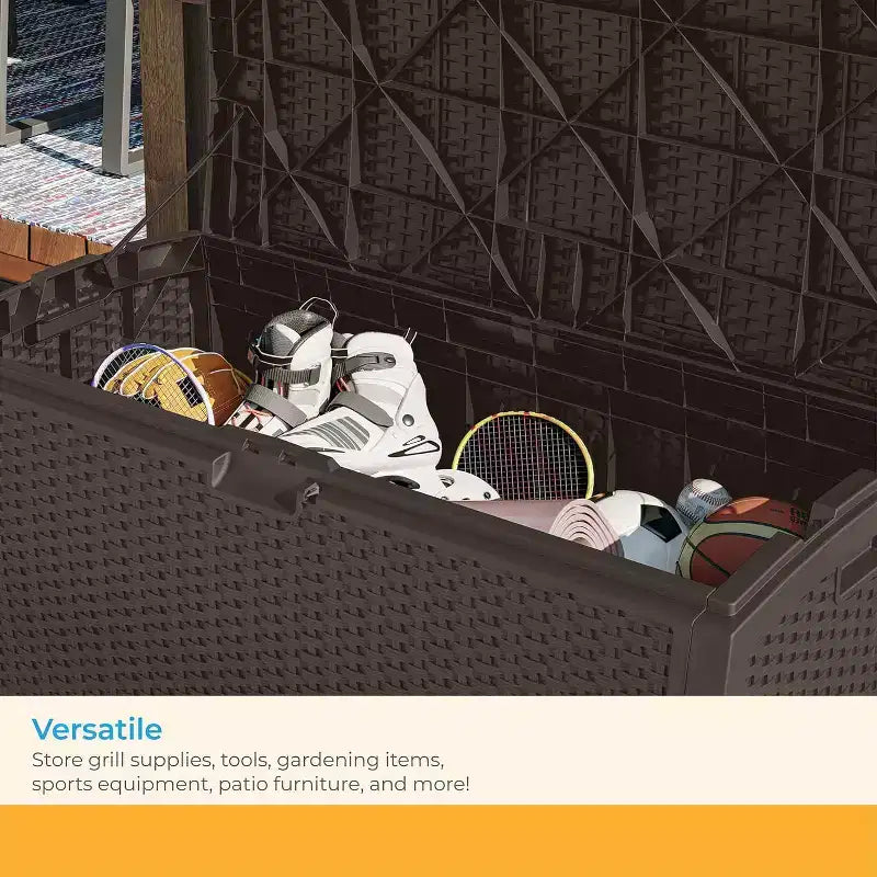 99 Gallon Wicker Outdoor Deck Box, Horizontal Water Resistant Storage with Hinged Lid for Patio Deck Yard Garage