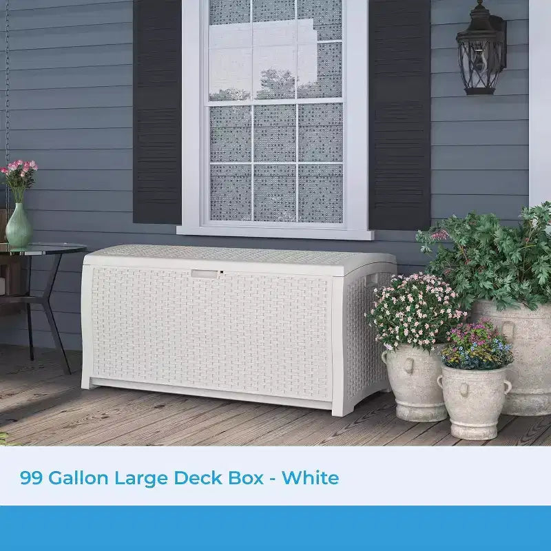 99 Gallon Wicker Outdoor Deck Box, Horizontal Water Resistant Storage with Hinged Lid for Patio Deck Yard Garage