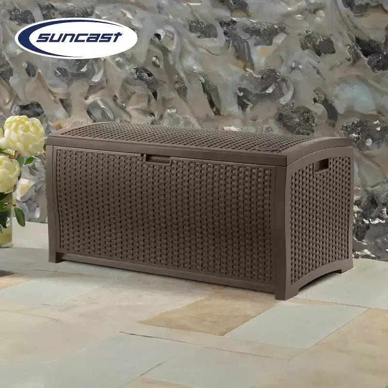 99 Gallon Wicker Outdoor Deck Box, Horizontal Water Resistant Storage with Hinged Lid for Patio Deck Yard Garage