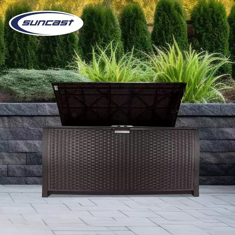 99 Gallon Wicker Outdoor Deck Box, Horizontal Water Resistant Storage with Hinged Lid for Patio Deck Yard Garage