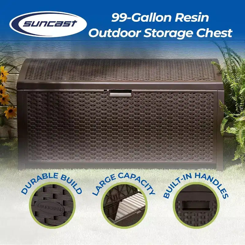 99 Gallon Wicker Outdoor Deck Box, Horizontal Water Resistant Storage with Hinged Lid for Patio Deck Yard Garage