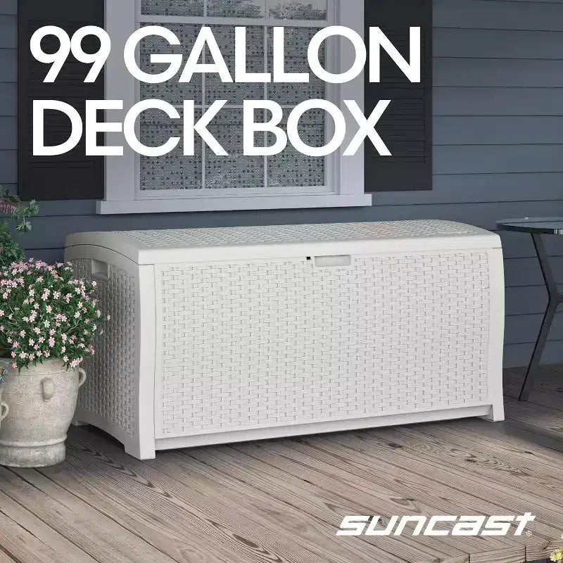 99 Gallon Wicker Outdoor Deck Box, Horizontal Water Resistant Storage with Hinged Lid for Patio Deck Yard Garage