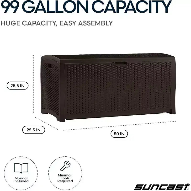 99 Gallon Wicker Outdoor Deck Box, Horizontal Water Resistant Storage with Hinged Lid for Patio Deck Yard Garage
