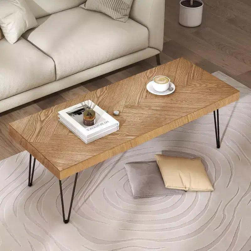 Ash Wood Veneer Coffee Table Modern Cocktail Table with V-pattern & Metal Hairpin Legs