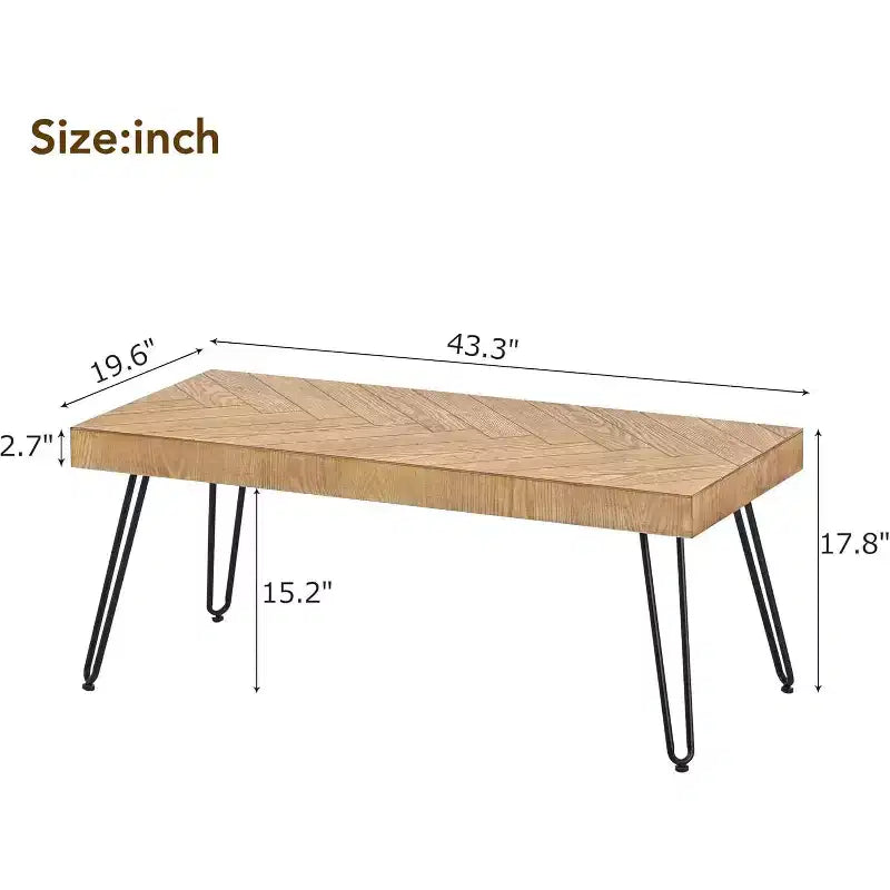 Ash Wood Veneer Coffee Table Modern Cocktail Table with V-pattern & Metal Hairpin Legs