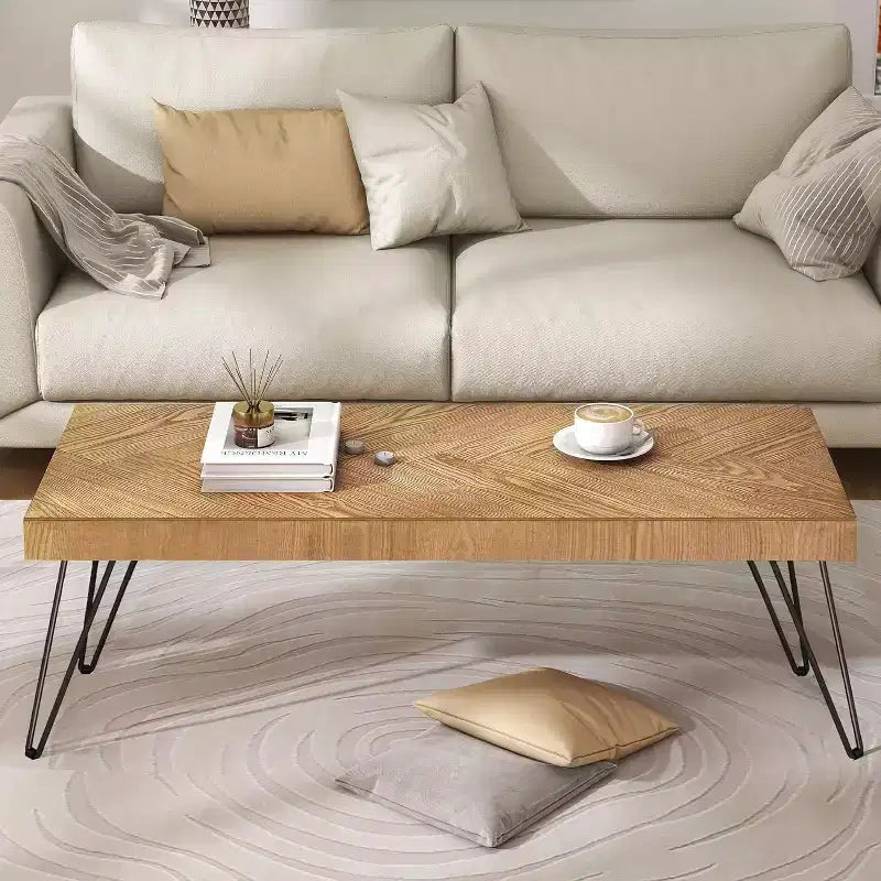 Ash Wood Veneer Coffee Table Modern Cocktail Table with V-pattern & Metal Hairpin Legs